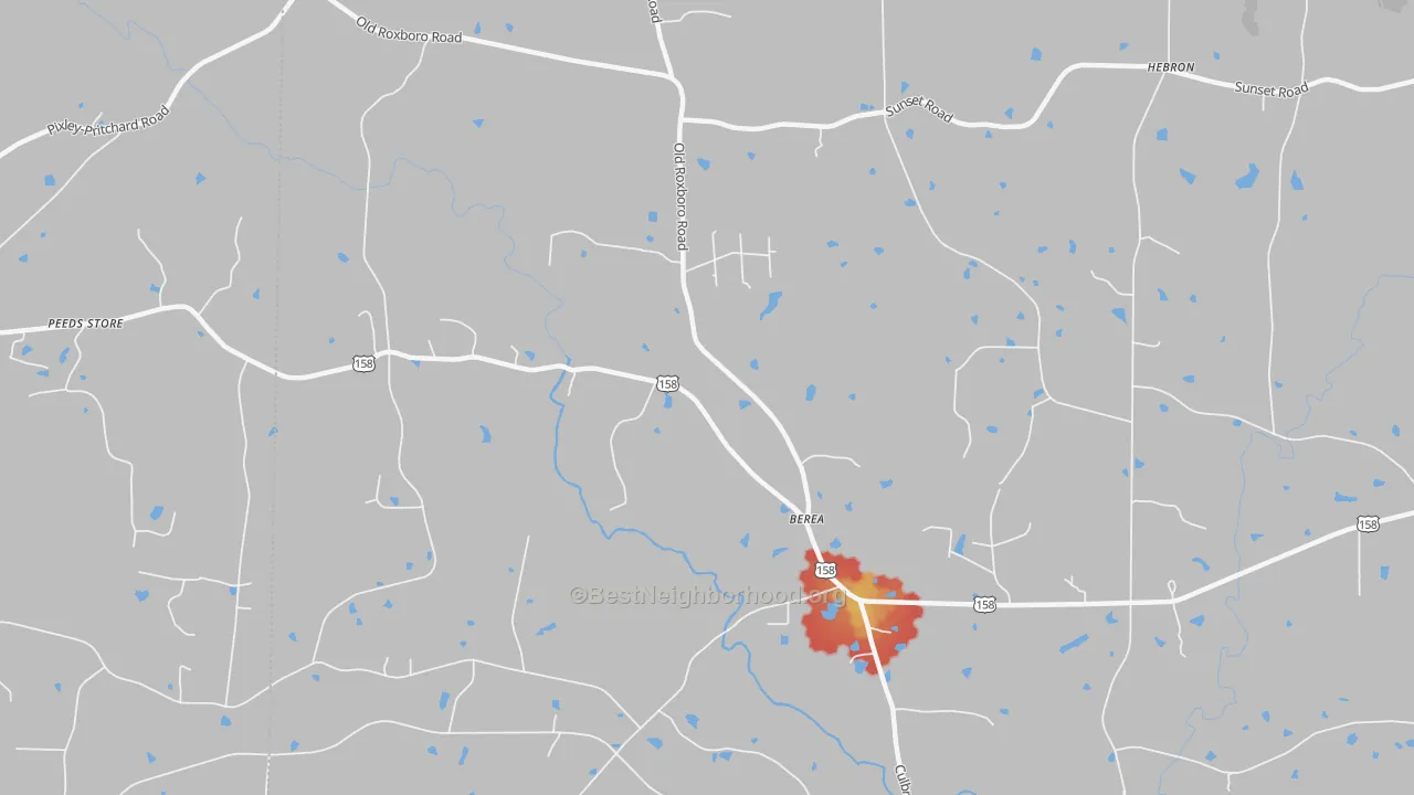 Walk Grade map of Berea, NC, walkable areas in green and car-dependent areas in red