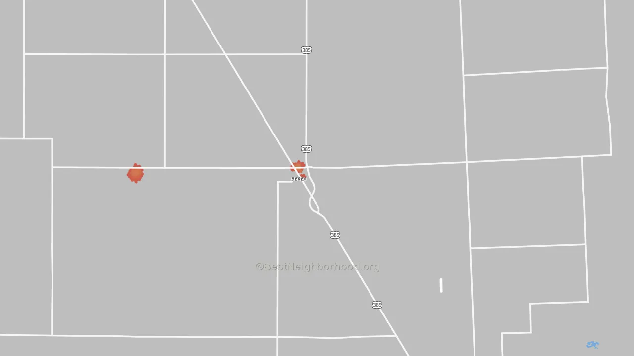 Walk Grade map of Berea, NE, walkable areas in green and car-dependent areas in red