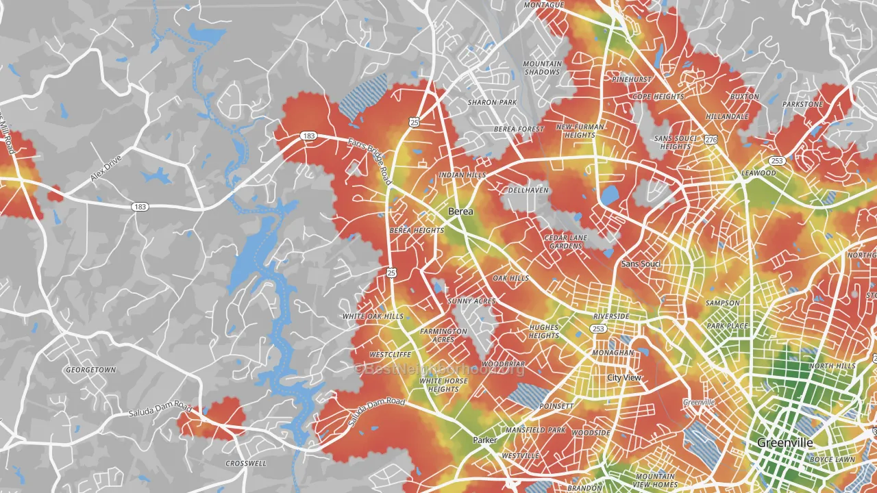 Walk Grade map of Berea, SC, walkable areas in green and car-dependent areas in red