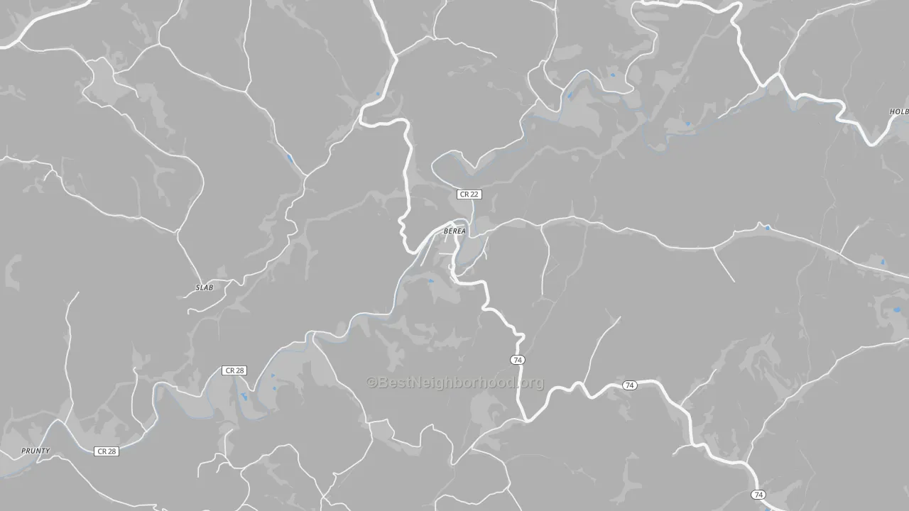 Walk Grade map of Berea, WV, walkable areas in green and car-dependent areas in red