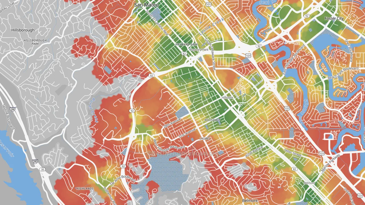 Walk Grade map of Beresford, San Mateo, CA, walkable areas in green and car-dependent areas in red