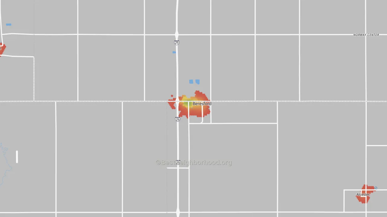 Walk Grade map of Beresford, SD, walkable areas in green and car-dependent areas in red