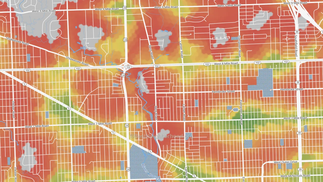 Walk Grade map of Berg-Lasher, Detroit, MI, walkable areas in green and car-dependent areas in red