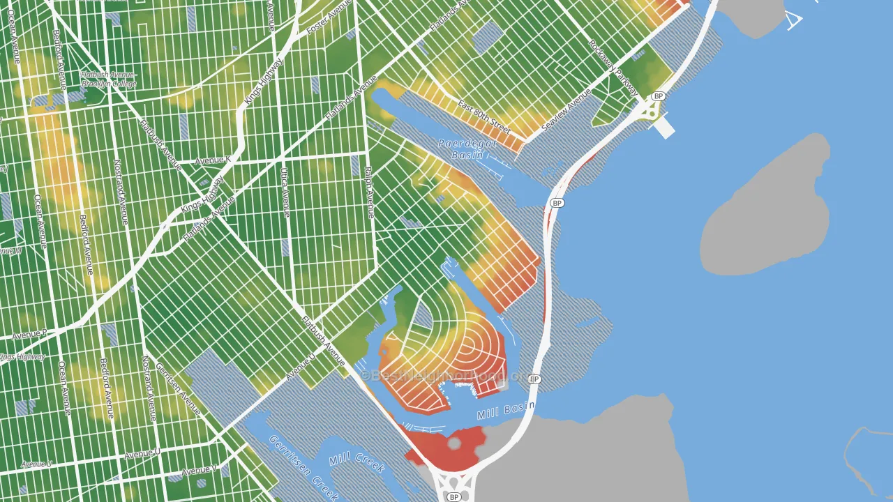 Walk Grade map of Bergen Beach, Brooklyn, NY, walkable areas in green and car-dependent areas in red