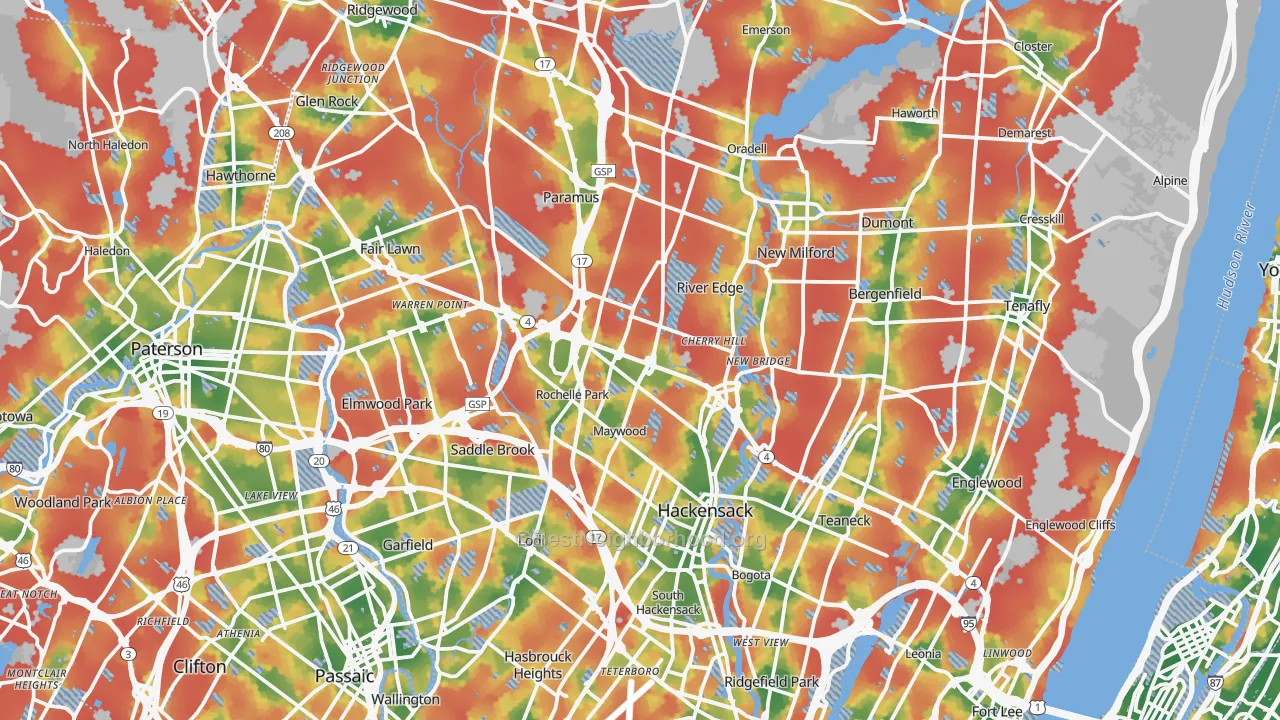 Walk Grade map of Bergen County, NJ, walkable areas in green and car-dependent areas in red