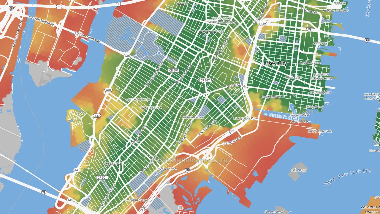 Walk Grade map of Bergen-Lafayette, Jersey City, NJ, walkable areas in green and car-dependent areas in red