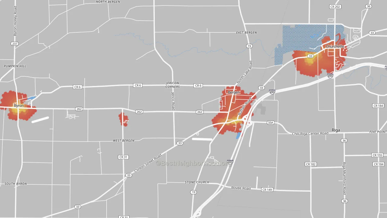Walk Grade map of Bergen, NY, walkable areas in green and car-dependent areas in red