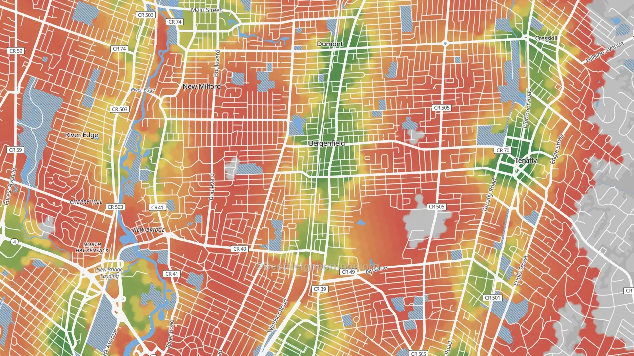 Walk Grade map of Bergenfield, NJ, walkable areas in green and car-dependent areas in red