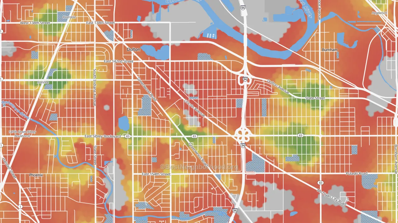 Walk Grade map of Berger, Dolton, IL, walkable areas in green and car-dependent areas in red