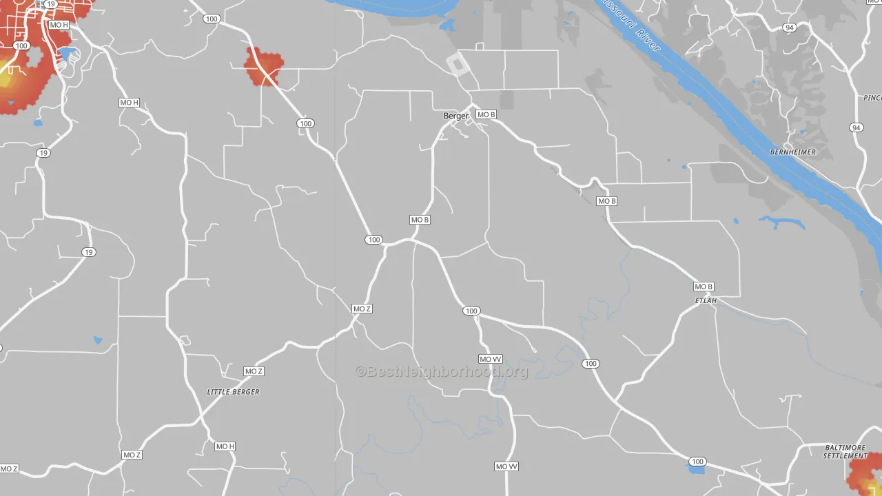 Walk Grade map of Berger, MO, walkable areas in green and car-dependent areas in red