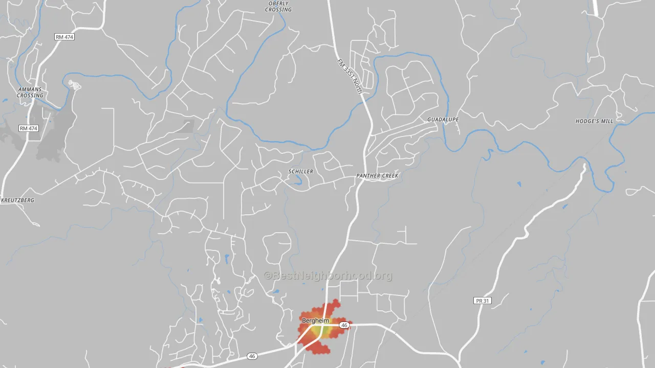 Walk Grade map of Bergheim, TX, walkable areas in green and car-dependent areas in red