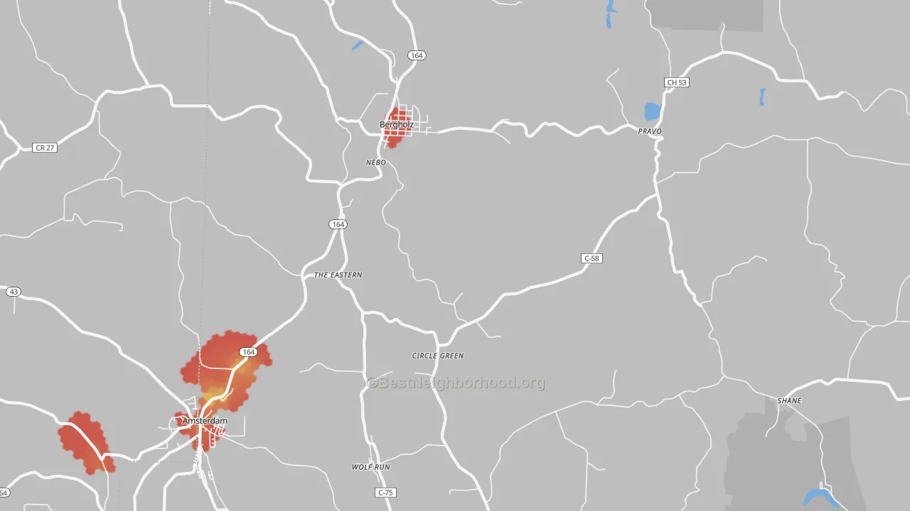 Walk Grade map of Bergholz, OH, walkable areas in green and car-dependent areas in red