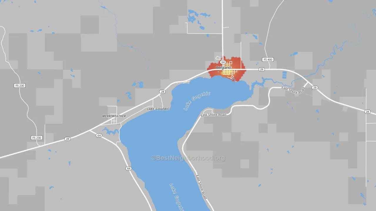 Walk Grade map of Bergland, MI, walkable areas in green and car-dependent areas in red