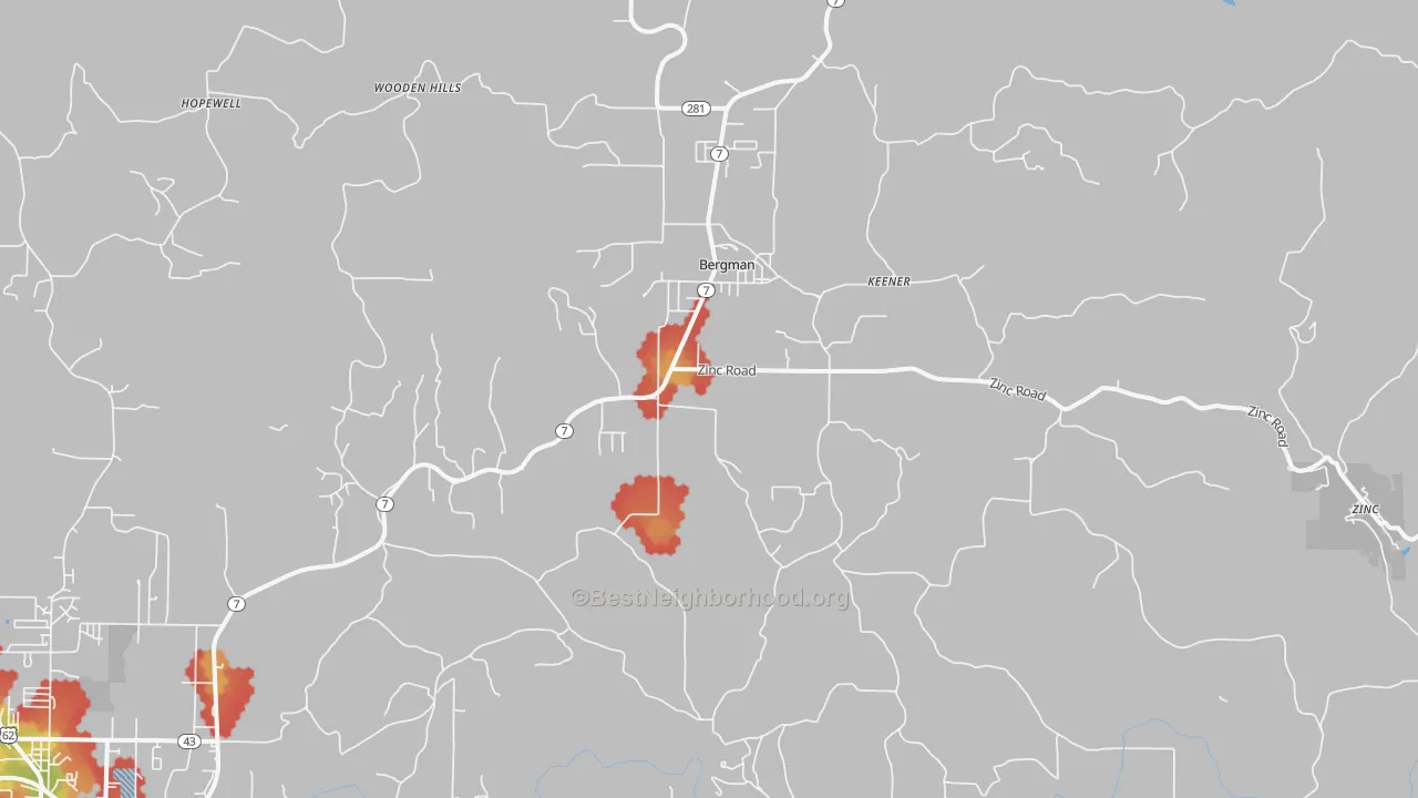 Walk Grade map of Bergman, AR, walkable areas in green and car-dependent areas in red