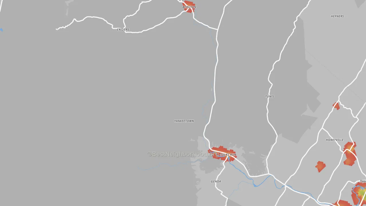 Walk Grade map of Bergton, VA, walkable areas in green and car-dependent areas in red
