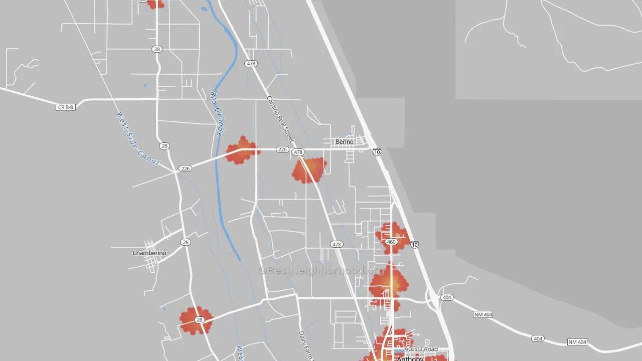 Walk Grade map of Berino, NM, walkable areas in green and car-dependent areas in red