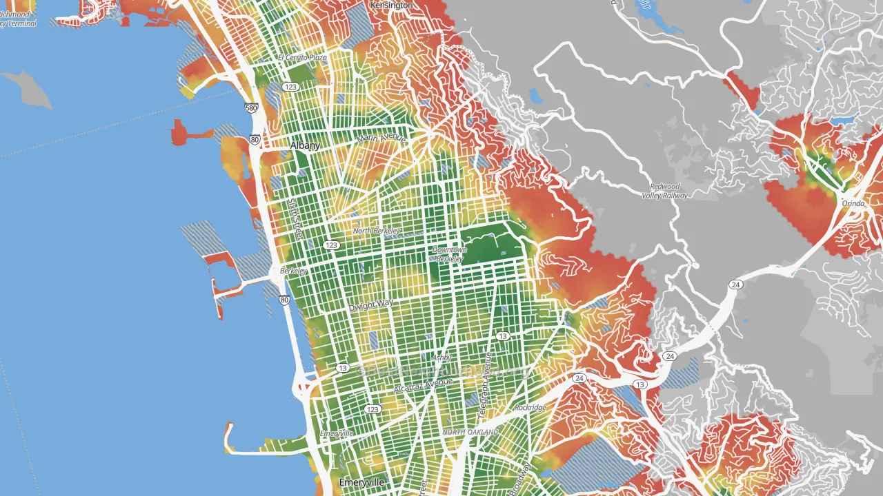 Walk Grade map of Berkeley, CA, walkable areas in green and car-dependent areas in red