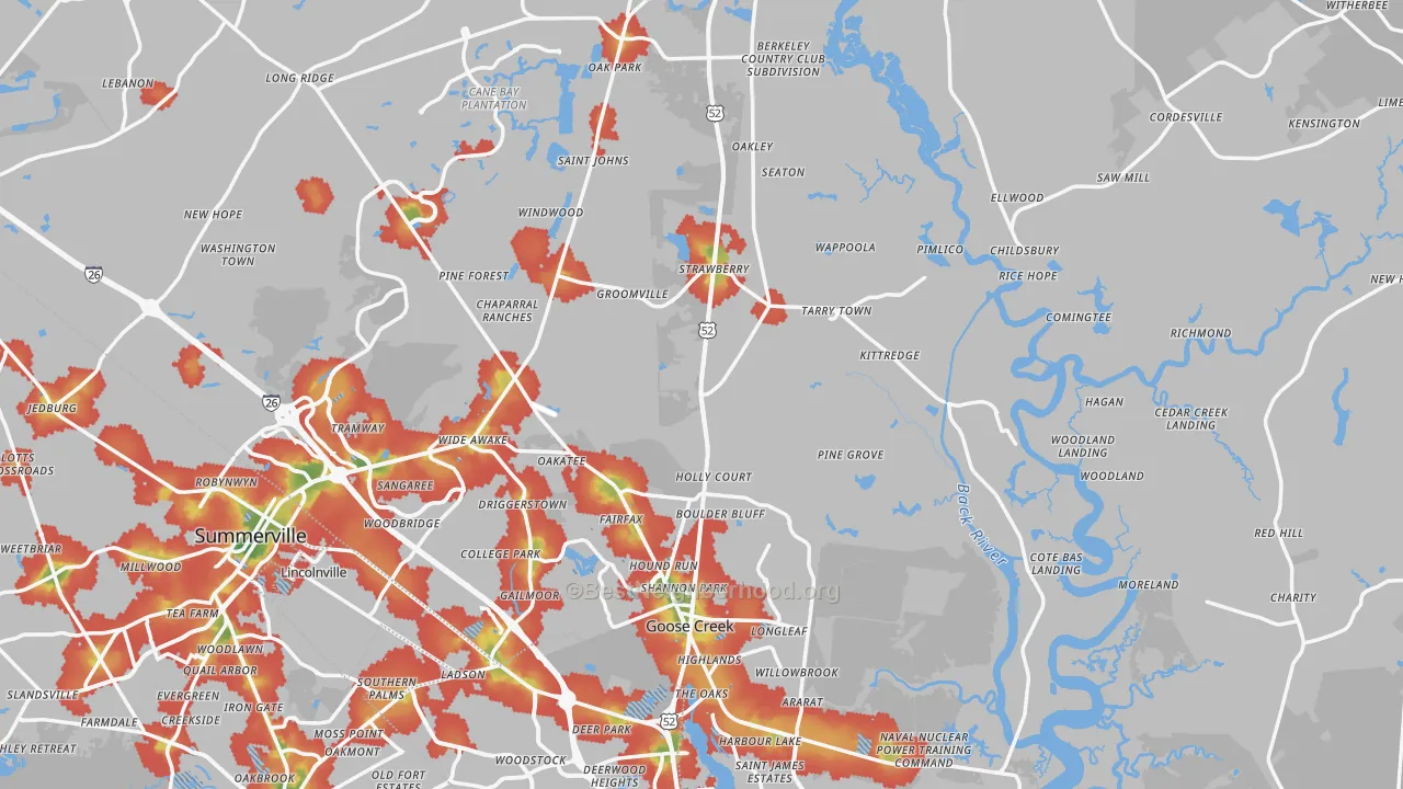 Walk Grade map of Berkeley County, SC, walkable areas in green and car-dependent areas in red