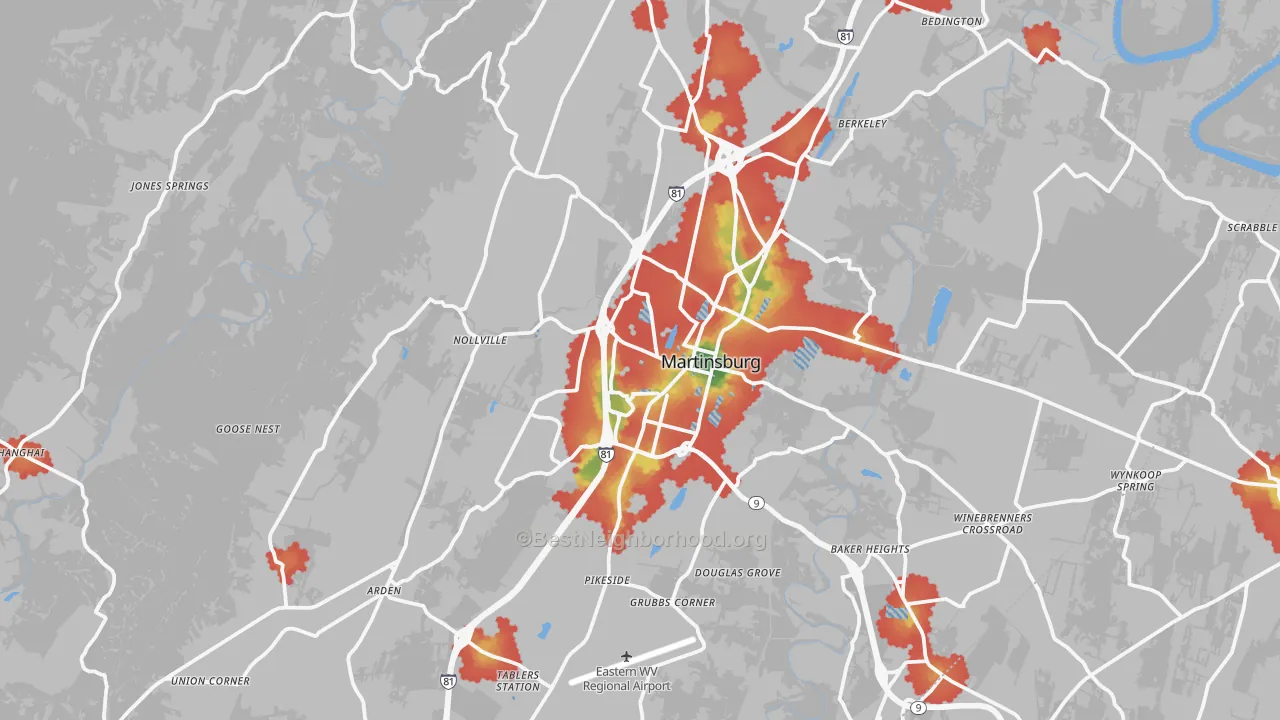 Walk Grade map of Berkeley County, WV, walkable areas in green and car-dependent areas in red