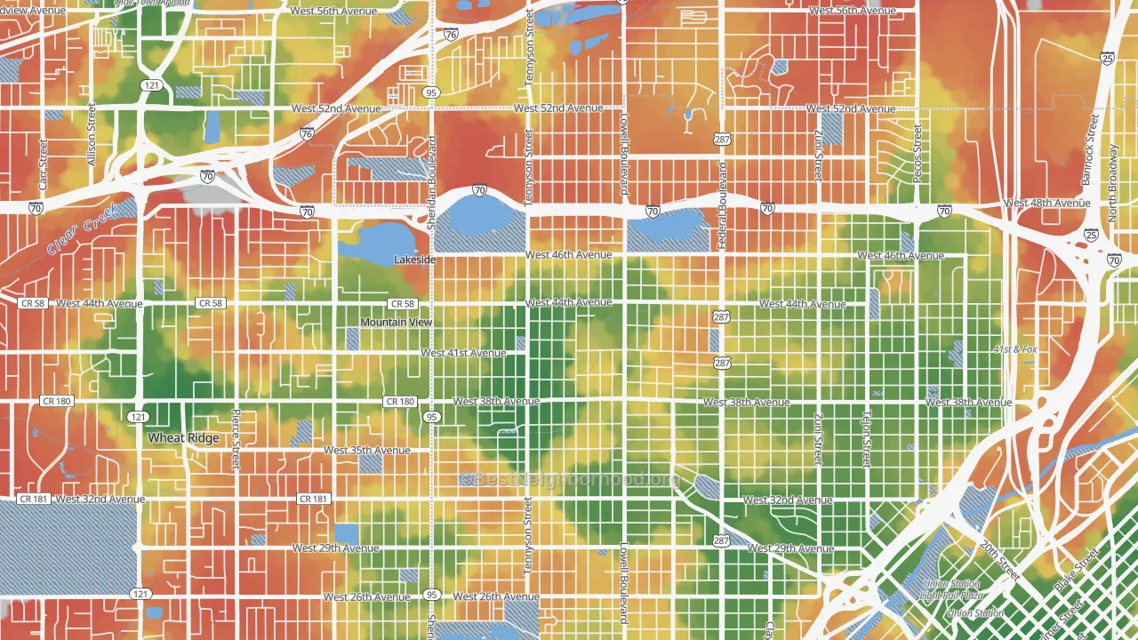 Walk Grade map of Berkeley, Denver, CO, walkable areas in green and car-dependent areas in red