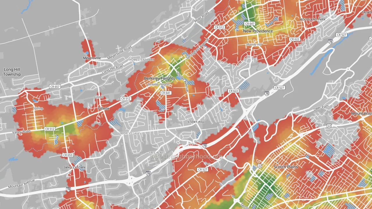 Walk Grade map of Berkeley Heights, NJ, walkable areas in green and car-dependent areas in red