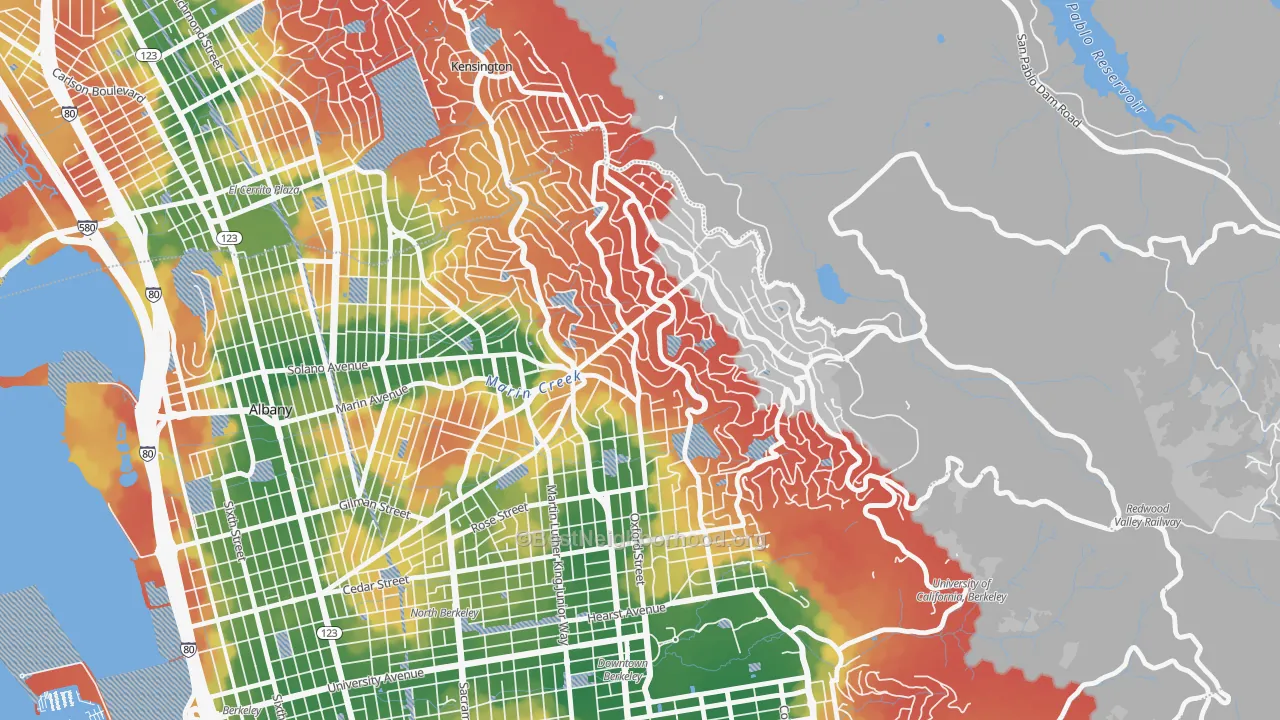 Walk Grade map of Berkeley Hills, Berkeley, CA, walkable areas in green and car-dependent areas in red