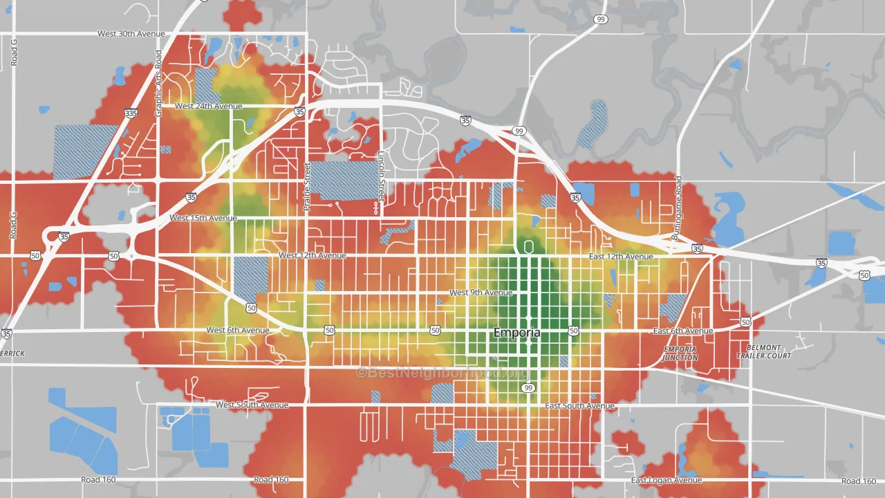 Walk Grade map of Berkeley Hills, Emporia, KS, walkable areas in green and car-dependent areas in red