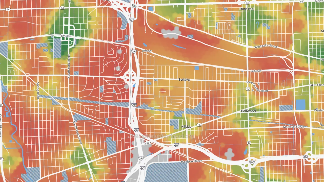 Walk Grade map of Berkeley, IL, walkable areas in green and car-dependent areas in red