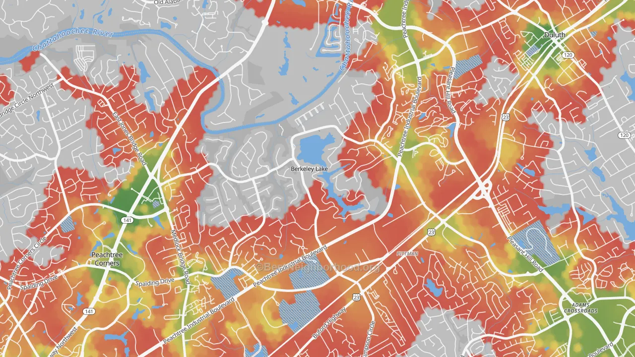Walk Grade map of Berkeley Lake, GA, walkable areas in green and car-dependent areas in red