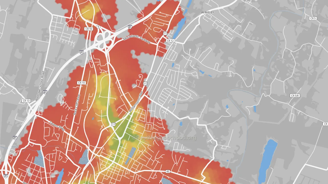 Walk Grade map of Berkeley, Martinsburg, WV, walkable areas in green and car-dependent areas in red