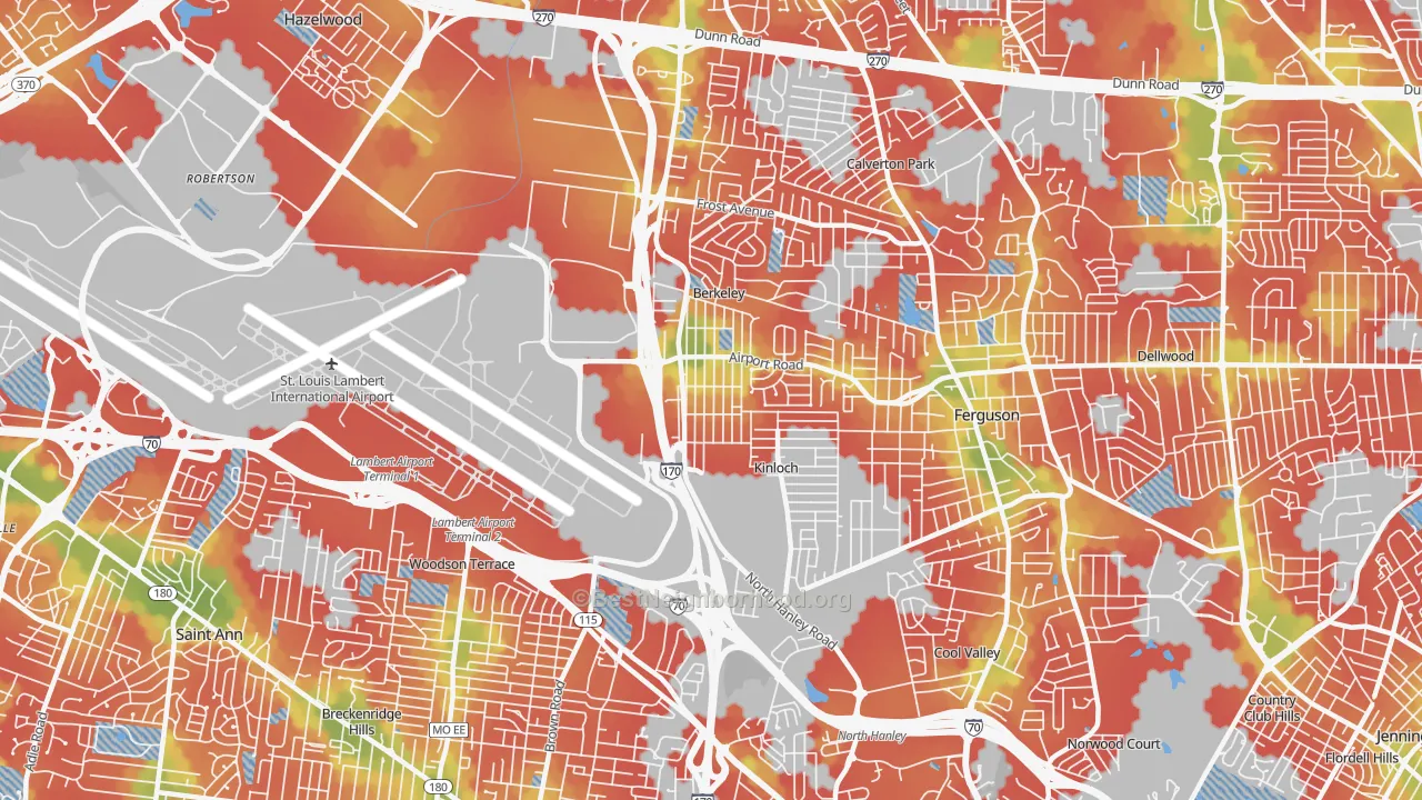 Walk Grade map of Berkeley, MO, walkable areas in green and car-dependent areas in red