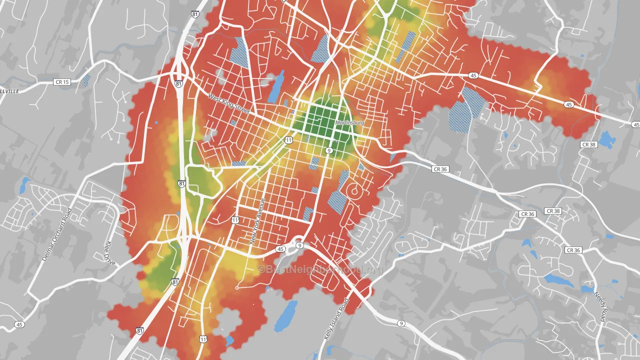 Walk Grade map of Berkeley Place, Martinsburg, WV, walkable areas in green and car-dependent areas in red