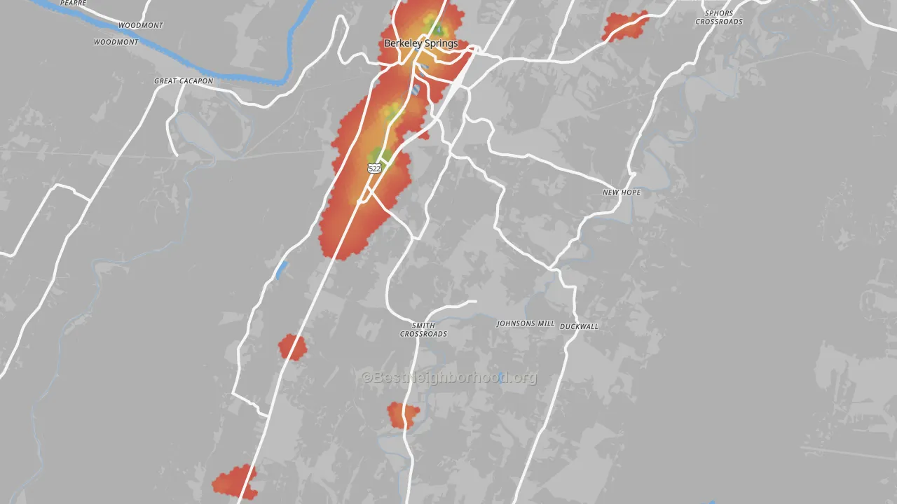 Walk Grade map of Berkeley Springs, WV, walkable areas in green and car-dependent areas in red