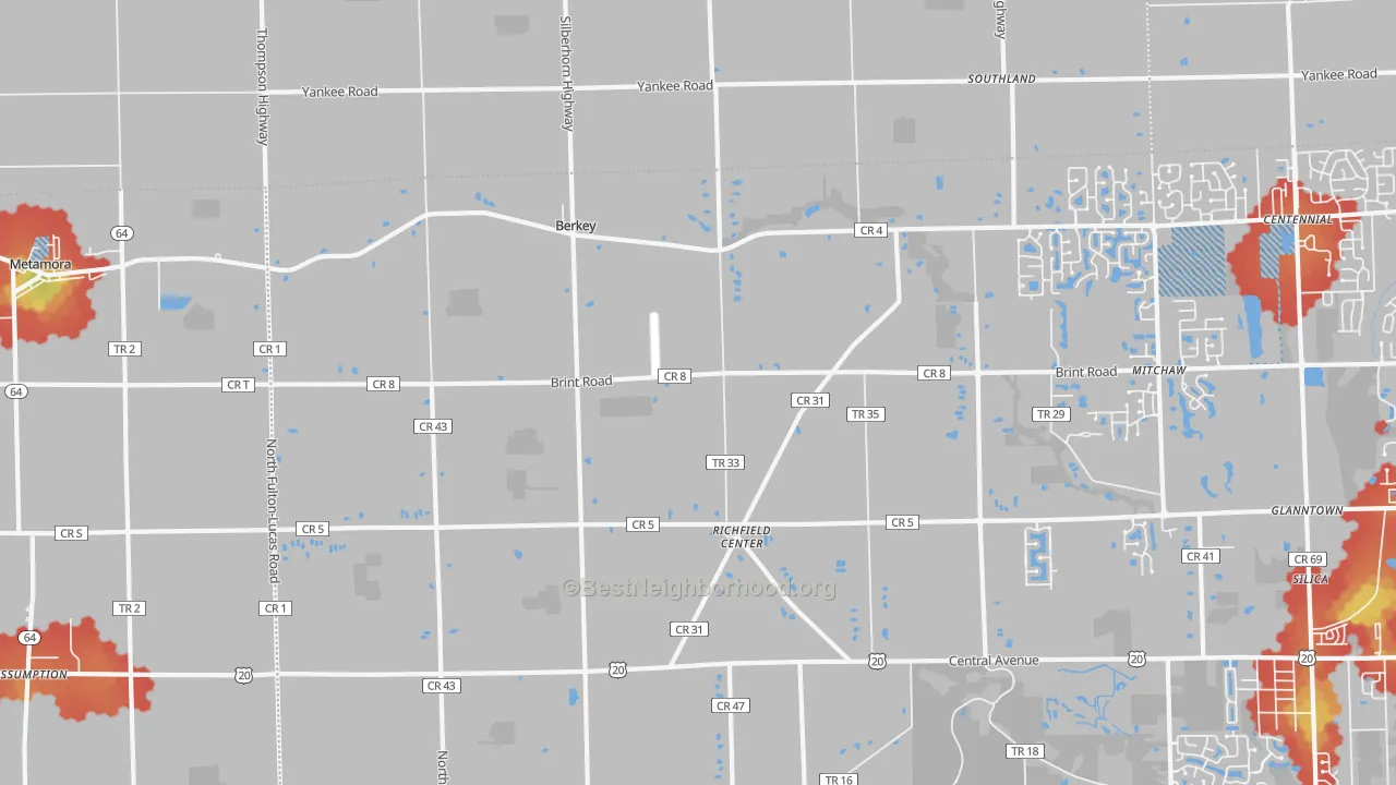 Walk Grade map of Berkey, OH, walkable areas in green and car-dependent areas in red
