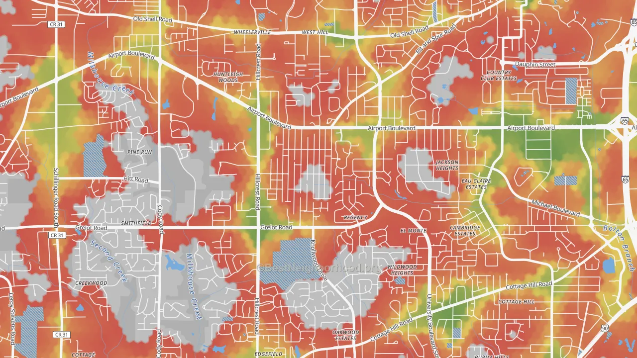 Walk Grade map of Berkleigh, Mobile, AL, walkable areas in green and car-dependent areas in red