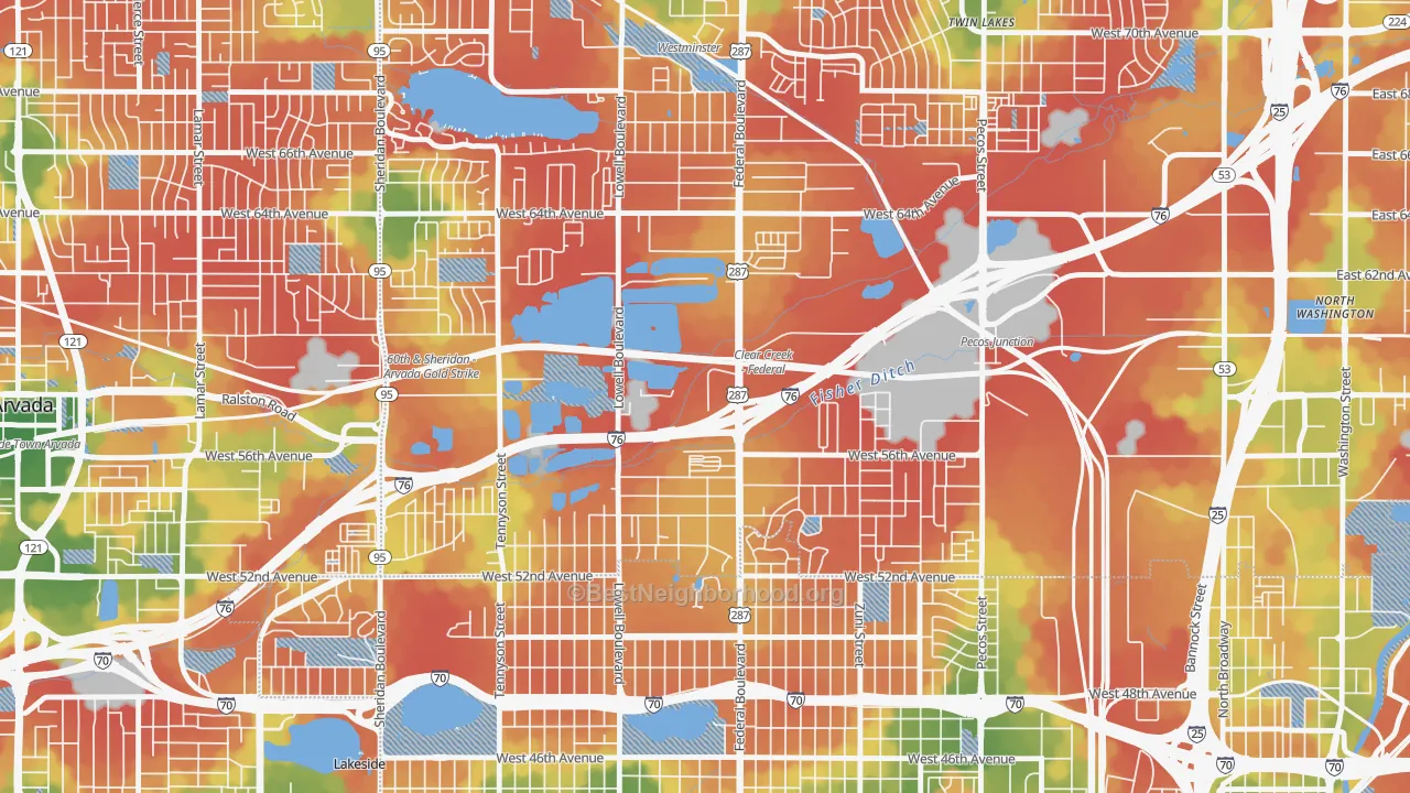 Walk Grade map of Berkley, CO, walkable areas in green and car-dependent areas in red