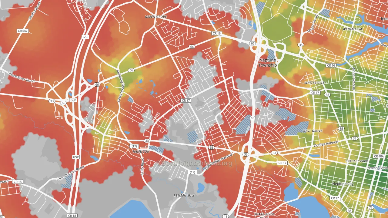 Walk Grade map of Berkley Estates, Neptune, NJ, walkable areas in green and car-dependent areas in red