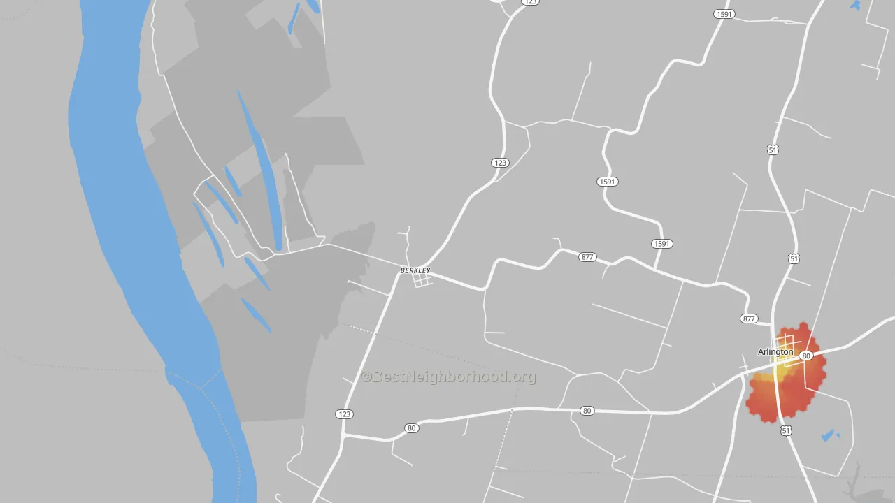 Walk Grade map of Berkley, KY, walkable areas in green and car-dependent areas in red