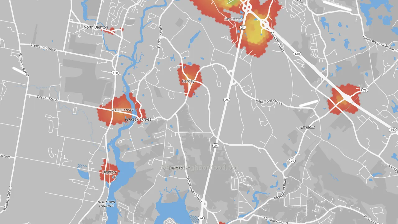 Walk Grade map of Berkley, MA, walkable areas in green and car-dependent areas in red