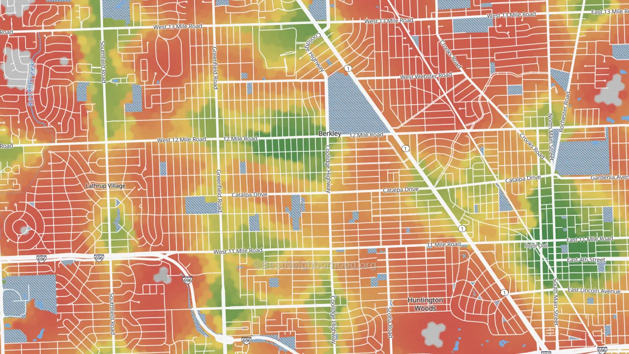 Walk Grade map of Berkley, MI, walkable areas in green and car-dependent areas in red