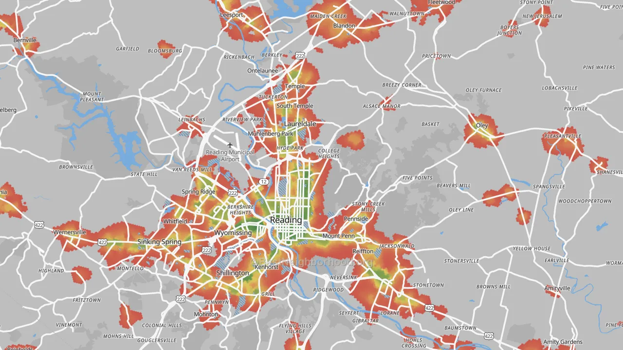 Walk Grade map of Berks County, PA, walkable areas in green and car-dependent areas in red
