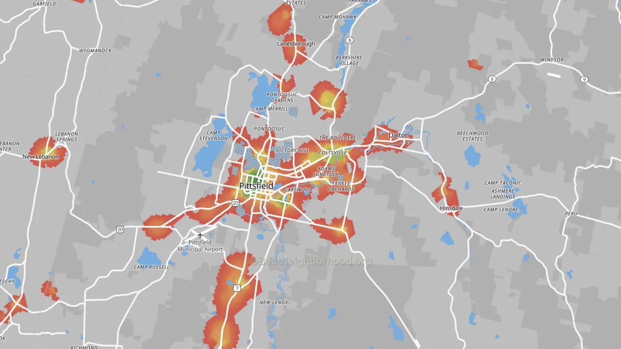 Walk Grade map of Berkshire County, MA, walkable areas in green and car-dependent areas in red