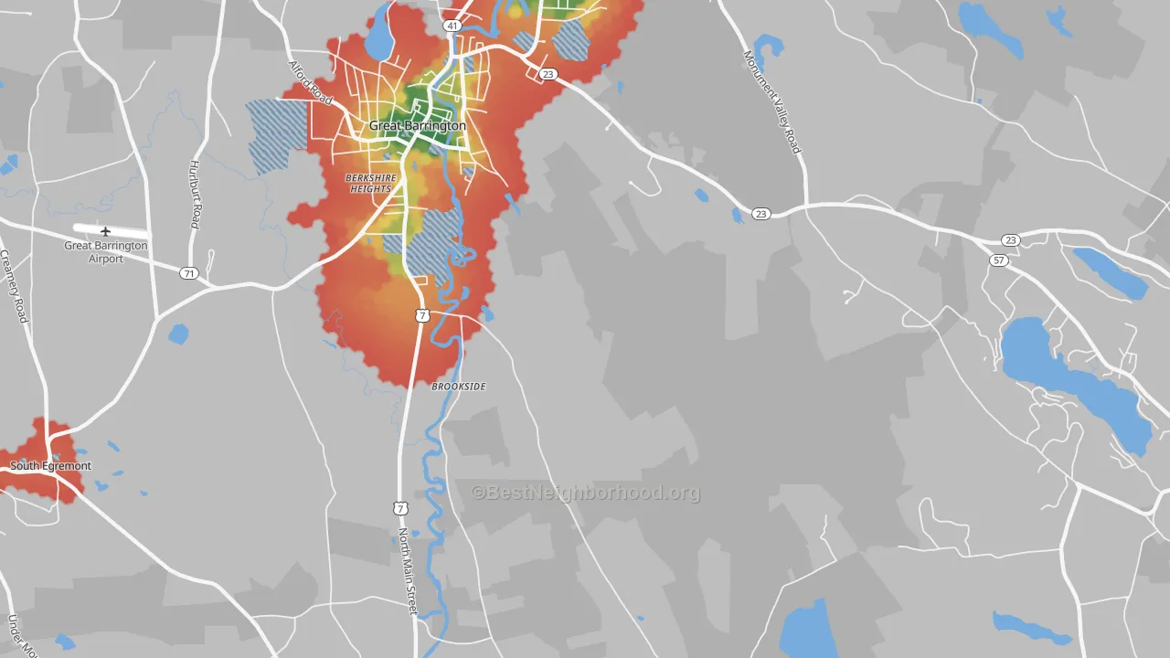 Walk Grade map of Berkshire Heights, MA, walkable areas in green and car-dependent areas in red