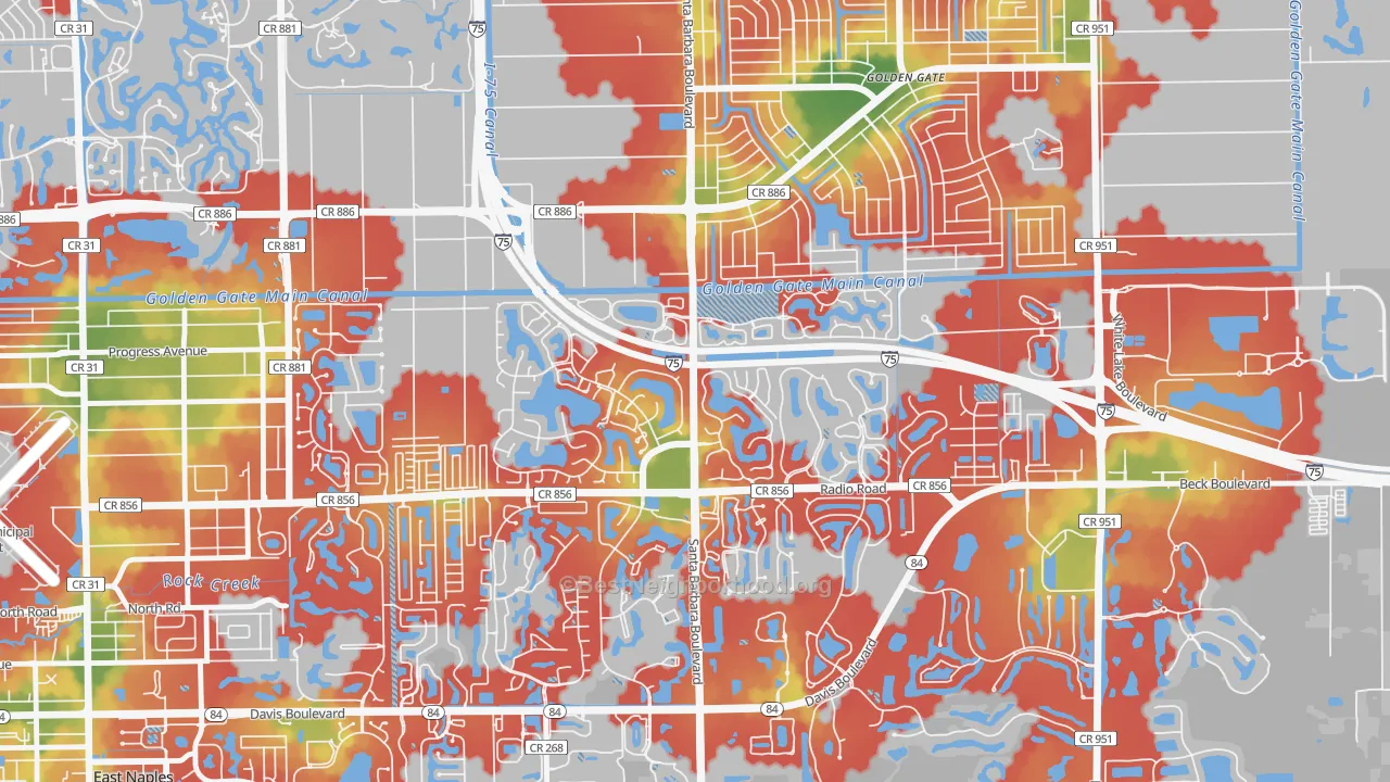 Walk Grade map of Berkshire Lakes, Naples, FL, walkable areas in green and car-dependent areas in red