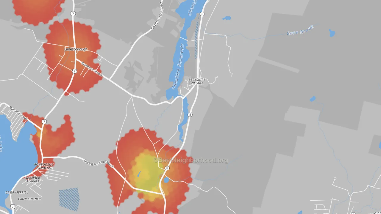 Walk Grade map of Berkshire, MA, walkable areas in green and car-dependent areas in red