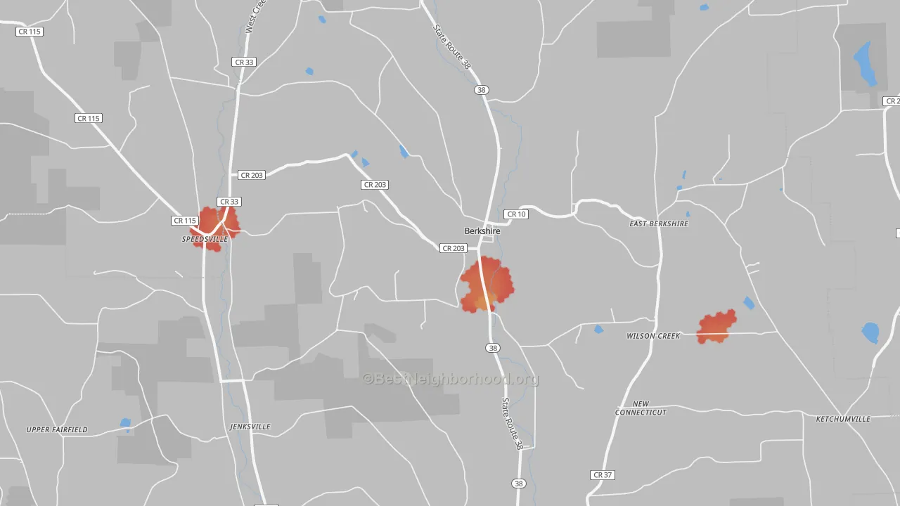 Walk Grade map of Berkshire, NY, walkable areas in green and car-dependent areas in red