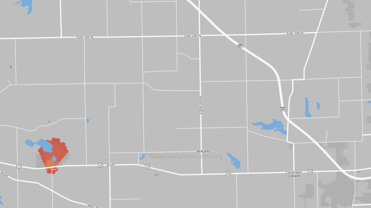 Walk Grade map of Berlien, IN, walkable areas in green and car-dependent areas in red