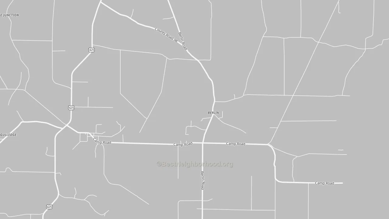 Walk Grade map of Berlin, AR, walkable areas in green and car-dependent areas in red