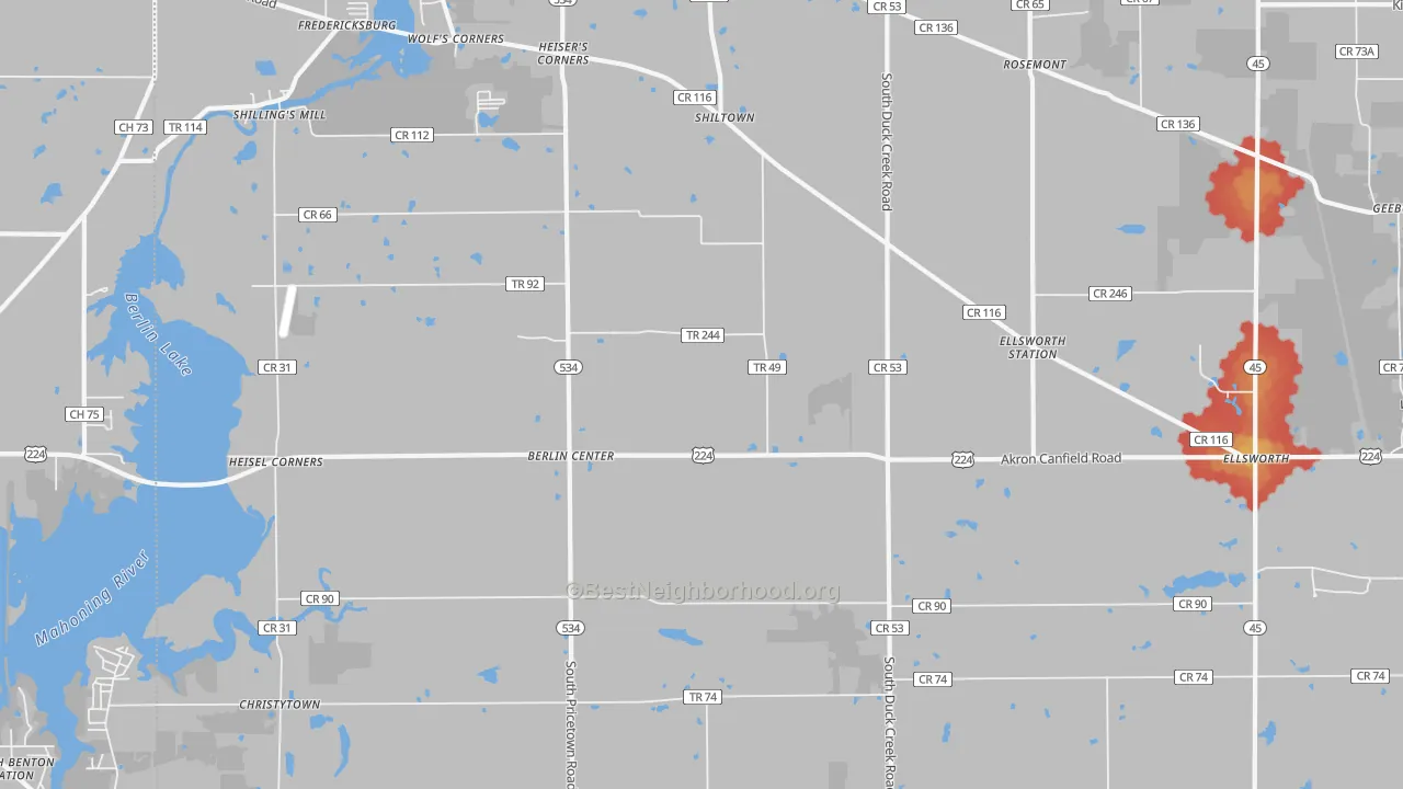 Walk Grade map of Berlin Center, OH, walkable areas in green and car-dependent areas in red