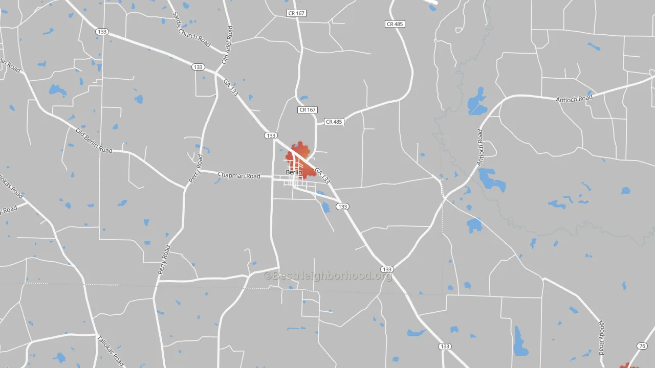 Walk Grade map of Berlin, GA, walkable areas in green and car-dependent areas in red